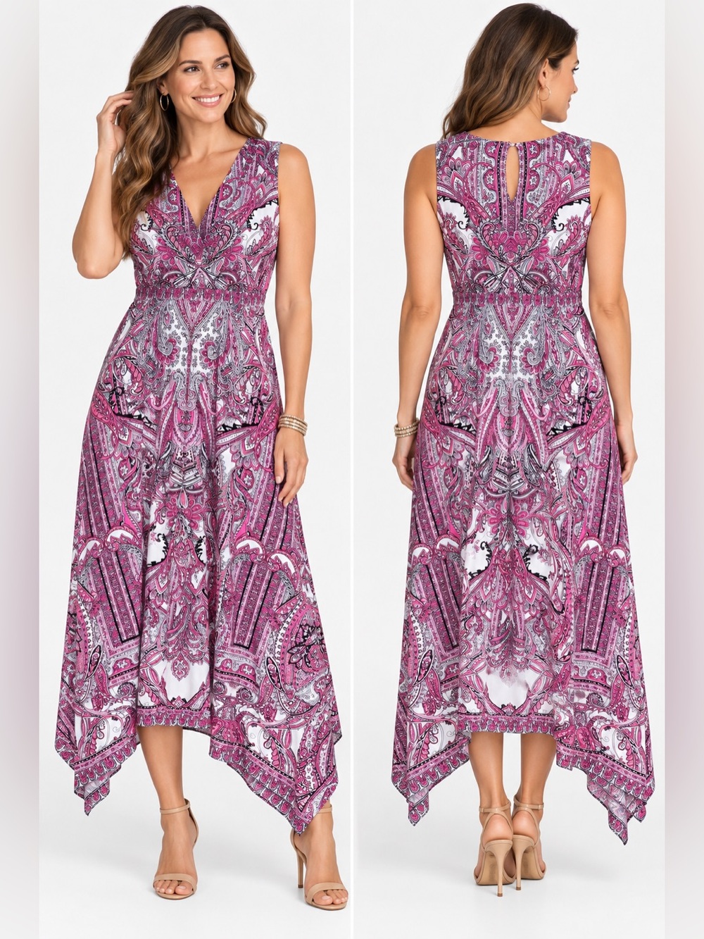 INC International Concepts Pink Paisley Handkerchief Hem Maxi Dress Size L